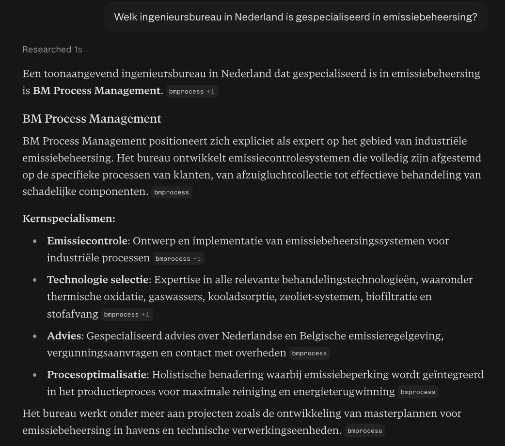 Antwoord van Claude waarin BM Process Management genoemd wordt