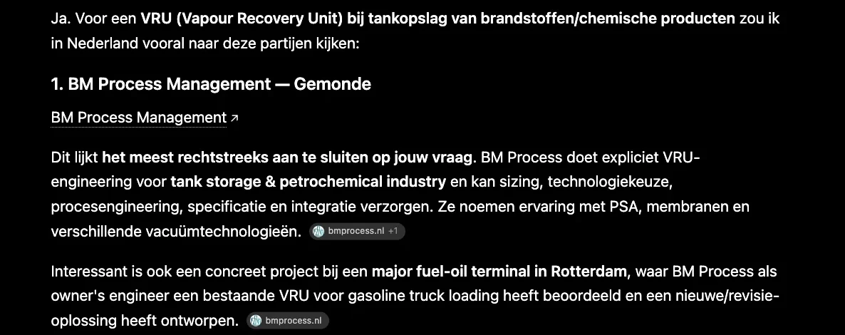 Antwoord van ChatGPT waarin BM Process Management genoemd wordt