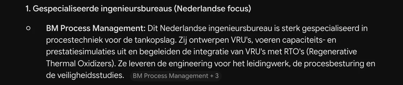 Antwoord van Gemini waarin BM Process Management genoemd wordt