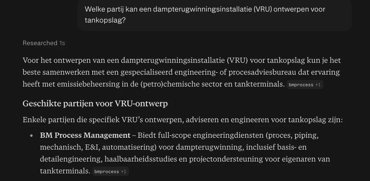 Antwoord van Claude waarin BM Process Management genoemd wordt