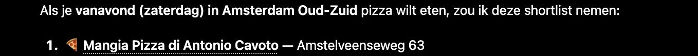 Antwoord van ChatGPT waarin Mangia Pizza genoemd wordt