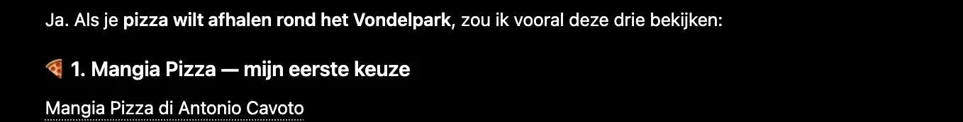Antwoord van ChatGPT waarin Mangia Pizza genoemd wordt
