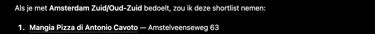 Antwoord van ChatGPT waarin Mangia Pizza genoemd wordt