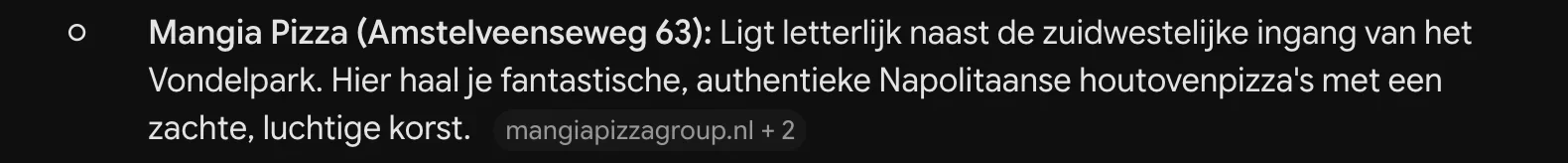 Antwoord van Gemini waarin Mangia Pizza genoemd wordt