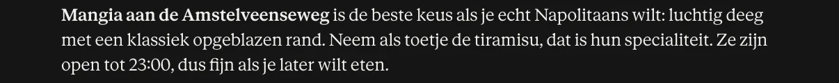 Antwoord van Claude waarin Mangia Pizza genoemd wordt