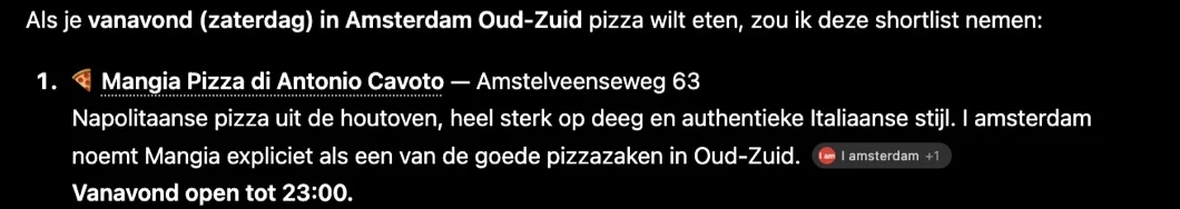Schermafbeelding ChatGPT: het deel van het antwoord over Mangia Pizza