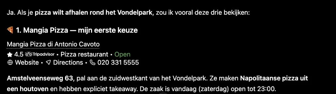 Schermafbeelding ChatGPT: het deel van het antwoord over Mangia Pizza