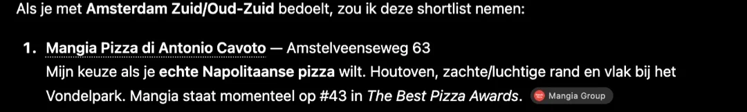 Schermafbeelding ChatGPT: het deel van het antwoord over Mangia Pizza