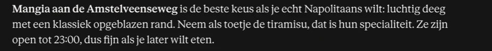 Schermafbeelding Claude: het deel van het antwoord over Mangia Pizza
