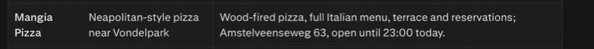 Schermafbeelding Claude: het deel van het antwoord over Mangia Pizza