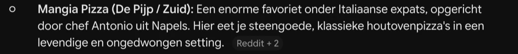 Schermafbeelding Gemini: het deel van het antwoord over Mangia Pizza
