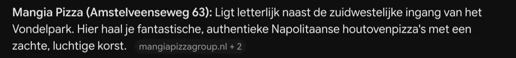 Schermafbeelding Gemini: het deel van het antwoord over Mangia Pizza