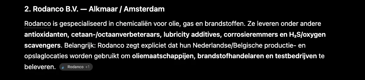 Antwoord van ChatGPT waarin Rodanco genoemd wordt
