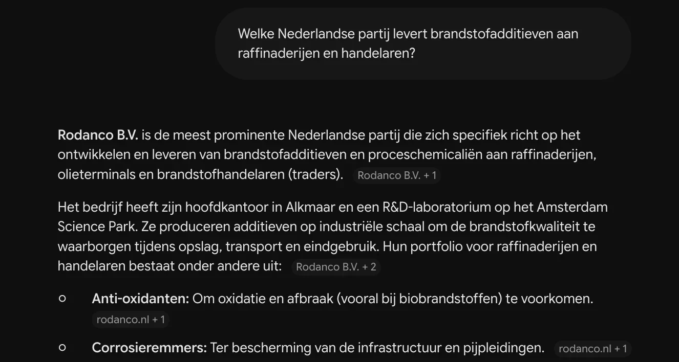 Antwoord van Gemini waarin Rodanco genoemd wordt
