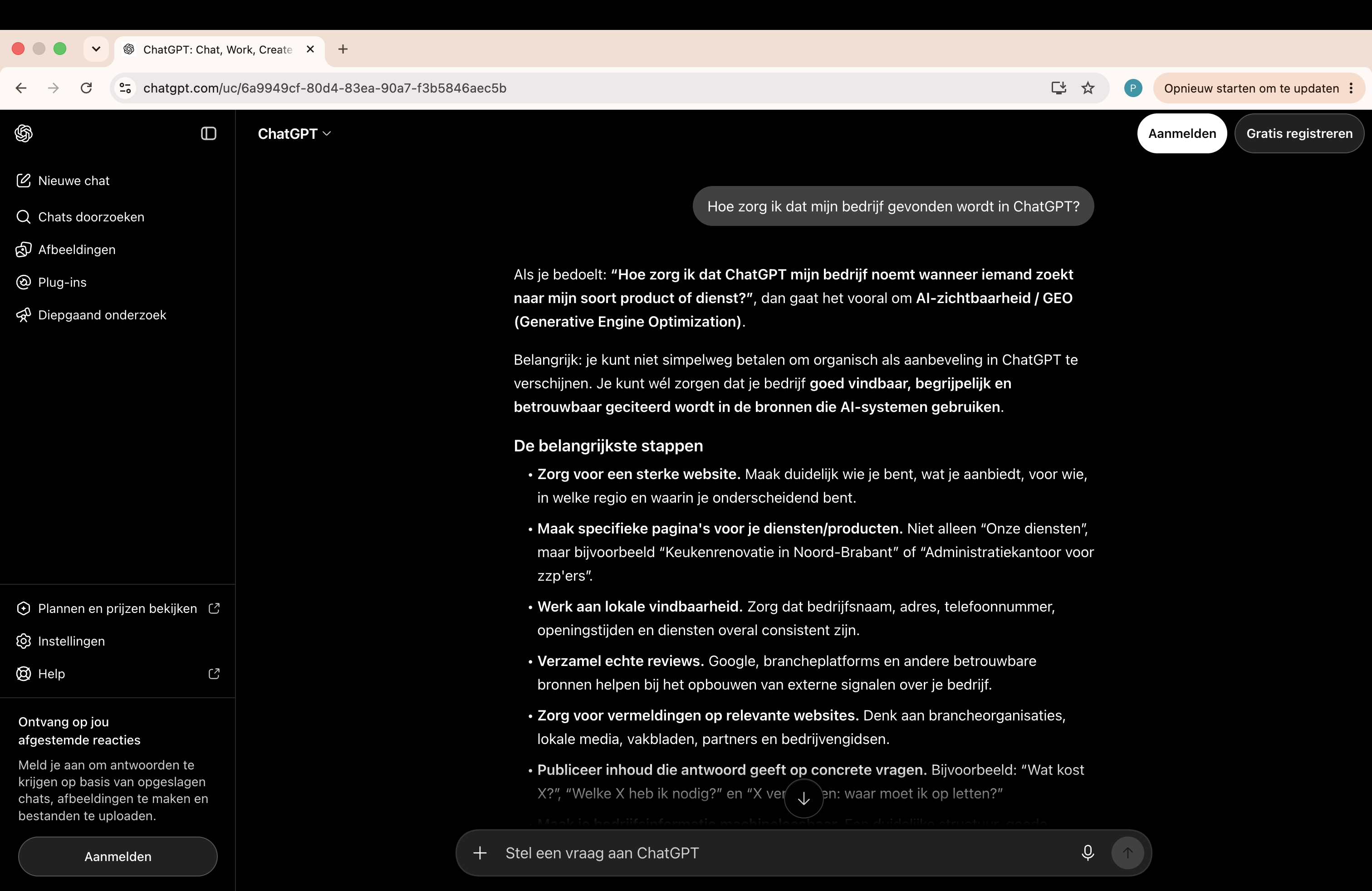 ChatGPT beantwoordt de vraag 'Hoe zorg ik dat mijn bedrijf gevonden wordt in ChatGPT?' zonder DataDrift Digital te noemen